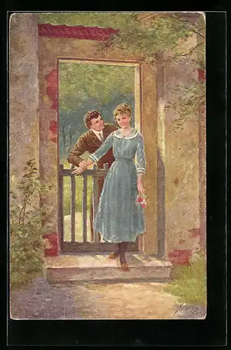 Künstler-AK Kränzle: Wann sehen wir uns wieder, Liebespaar am Tor