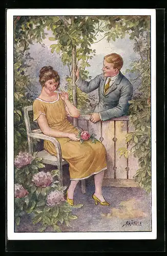 Künstler-AK Kränzle: Neckerei, junges Paar beim Flirt