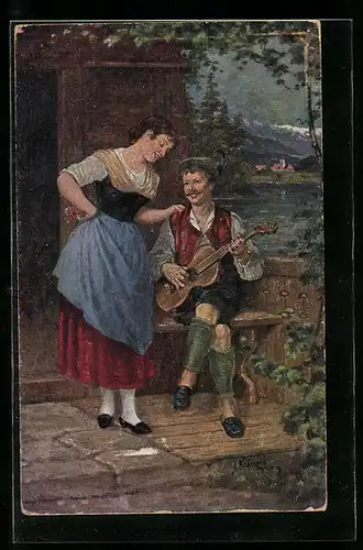 Künstler-AK Kränzle: Bergfrühling, Bua mit Gitarre spielt seinem Madl was vor