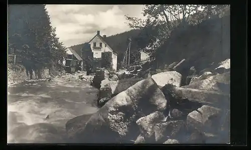 AK Agnetendorf, Talhäuschen des Tischlermeisters Junge nach dem Hochwasser von 1926