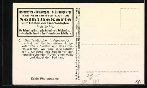 AK Agnetendorf, Talhäuschen des Tischlermeisters Junge nach dem Hochwasser von 1926