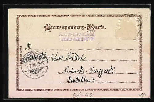 Lithographie Berliner Hütte, Berghütte mit Gebirgspanorama