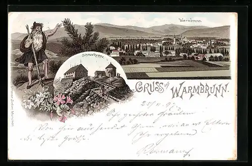 Lithographie Bad Warmbrunn, Ortsansicht, Schneekoppe, Wanderer mit Bart