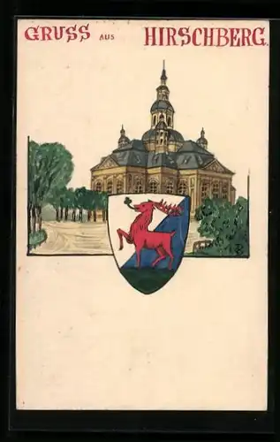 Künstler-AK Handgemalt: Hirschberg, Gnadenkirche und Stadtwappen