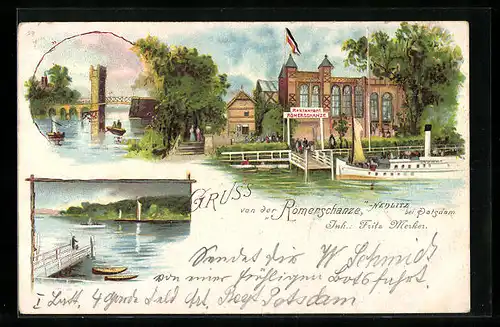 Lithographie Nedlitz bei Potsdam, Restaurant Römerschanze, Wasserpartien