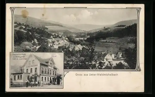 AK Unter-Waldmichelbach, Gasthaus-Metzgerei J. Lammer, Gesamtansicht mit Umgebung aus der Vogelschau