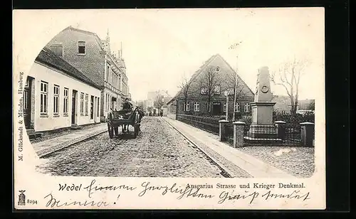 AK Wedel, Ansgarius Strasse und Kriegerdenkmal, Pferdewagen