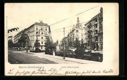 AK Berlin-Schöneberg, Kaiser Wilhelmsplatz mit Geschäften und Denkmal