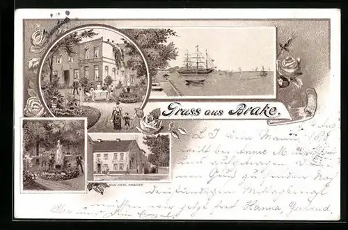 Lithographie Brake, Wilkane Hotel, Segelschiff am Hafen
