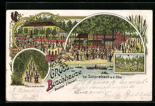 Lithographie Schönebeck a. d. Elbe, Gasthof Buschhaus von J. Beseler, Waldpartie mit Fussballplatz