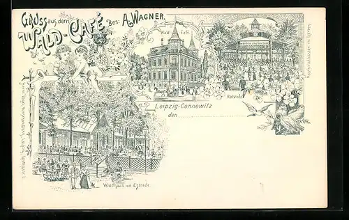 Lithographie Leipzig-Connewitz, Wald-Cafe A. Wagner, Waldhaus mit Estrade