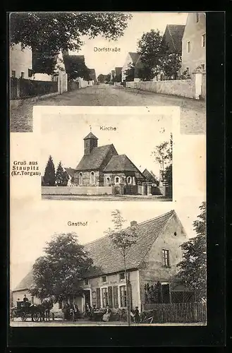 AK Staupitz, Gasthof Staupitz, Kirche, Dorfstrasse