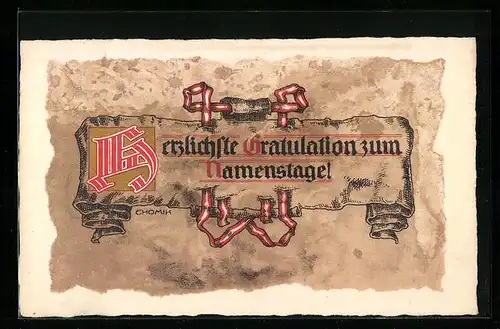 AK Glückwunsch zum Namenstag mit Schriftrolle