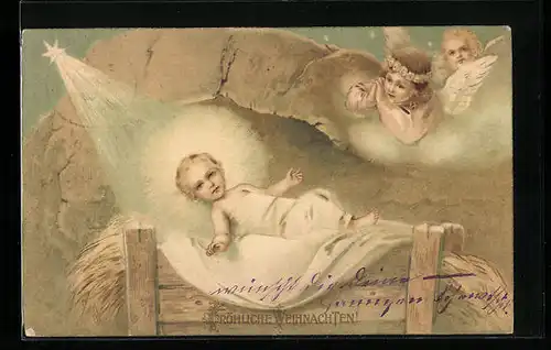 AK Weihnachtsengel mit Jesus-Kind an der Krippe