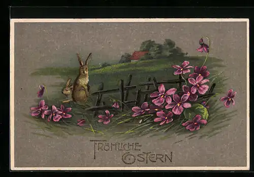 AK Osterhase am Zaun mit Veilchen