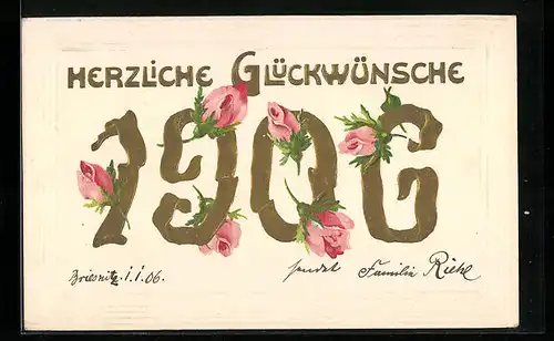 AK Herzliche Glückwünsche 1906!, Rosen