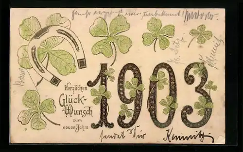 AK Jahreszahl 1903 in Gold mit Kleeblättern und Hufeisen
