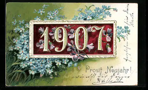 AK Neujahrsgruss mit Jahreszahl 1907 und Vergissmeinnicht