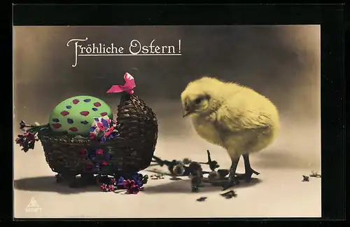 AK Osterküken mit Osterei-Körbchen