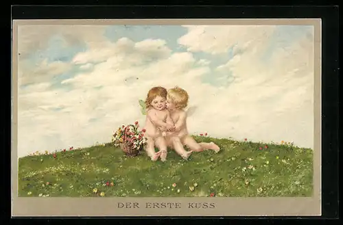 Künstler-AK M. Munk Nr. 1173: Engel sitzen engumschlungen auf der Wiese, Herzliche Ostergrüsse!
