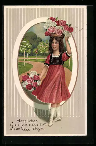 AK Mädchen mit Blütenkorb zum Geburtstag