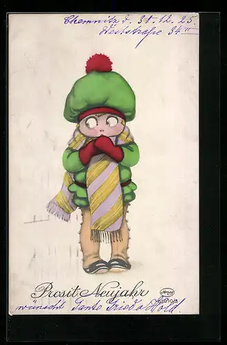 AK Kleiner frierender Junge zu Neujahr