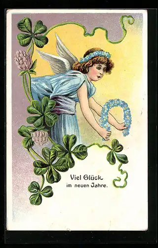 AK Engel mit Kleeblättern und Hufeisen aus Vergissmeinnicht