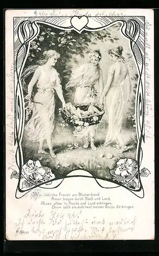 AK Frauen tragen Amor durch Stadt und Land