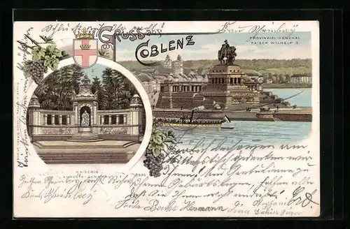 Lithographie Coblenz, Provinzial-Denkmal, Kaiser Wihelm I