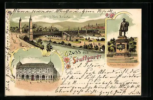 Lithographie Stuttgart, Landesgewerbemuseum, König-Karls Brücke