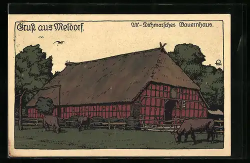 Steindruck-AK Meldorf, Alt-Dithmarsches Bauernhaus