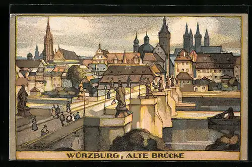 Steindruck-AK Würzburg, Ortsansicht mit alter Brücke