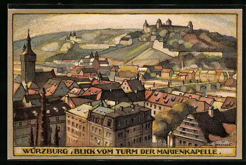 Steindruck-AK Würzburg, Stadtpartie vom Turm der Marienkirche gesehen