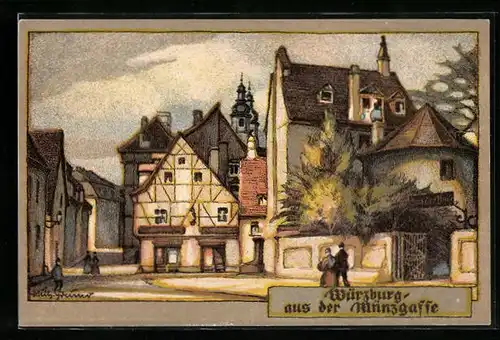 Steindruck-AK Würzburg, Aus der Münzgasse mit Gasthaus