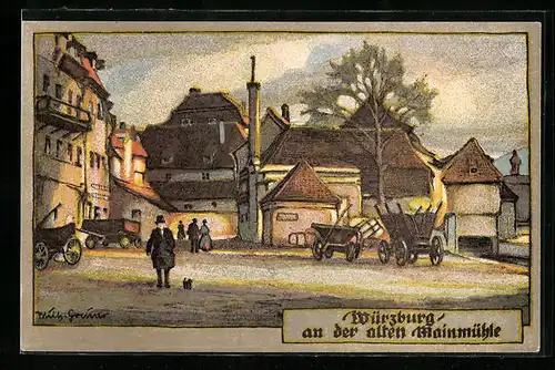 Steindruck-AK Würzburg, Partie an der alten Mainmühle