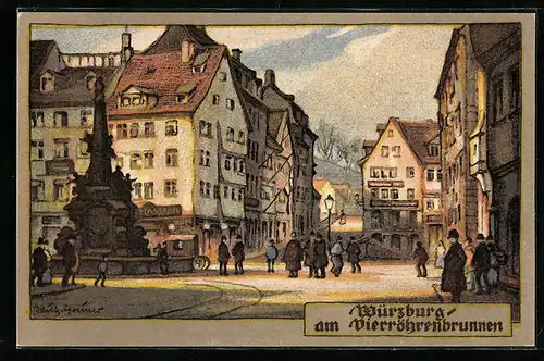 Steindruck-AK Würzburg, Markt, Am Vierröhrenbrunnen