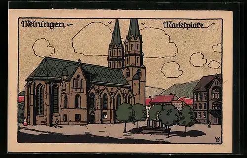 Steindruck-AK Meiningen, Marktplatz mit Kirche