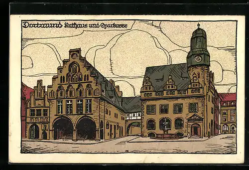 Steindruck-AK Dortmund, Rathaus und Sparkasse