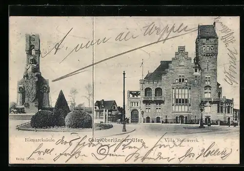 AK Köln-Marienburg, Villa Stollwerck und Bismarcksäule am Oberländer Ufer