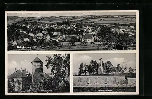 AK Osterburken, Gesamtansicht, Kriegerdenkmal, Stadt-Turm