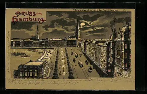 Mondschein-Lithographie Hamburg-Neustadt, Alter Jungfernstieg nach der Verbreiterung