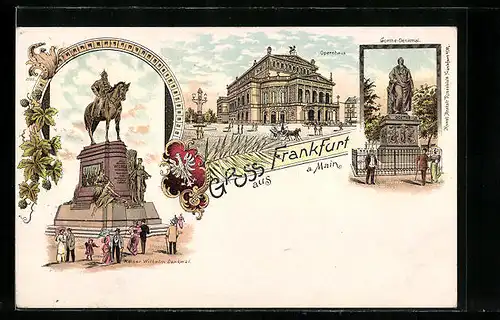 Lithographie Frankfurt a. M., Goethe-Denkmal, Kaiser Wilhelm Denkmal, Opernhaus