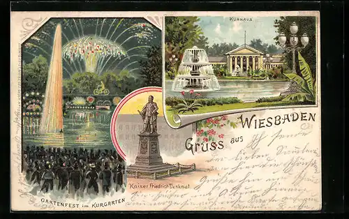 Lithographie Wiesbaden, Gartenfest im Kurgarten, Kaiser Friedrich III. Denkmal