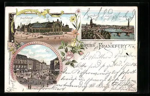 Lithographie Frankfurt a. M., Hauptbahnhof, Teilansicht, Partie auf der Zeil