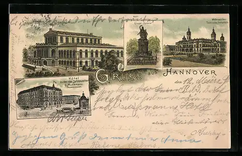 Lithographie Hannover, Hotel Vier Jahreszeiten, Aegidienthorplatz, Krieger-Denkmal, Welfenschloss