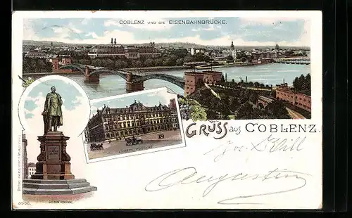 Lithographie Coblenz, Eisenbahnbrücke, Kaiserl. Postamt und Goeben-Denkmal