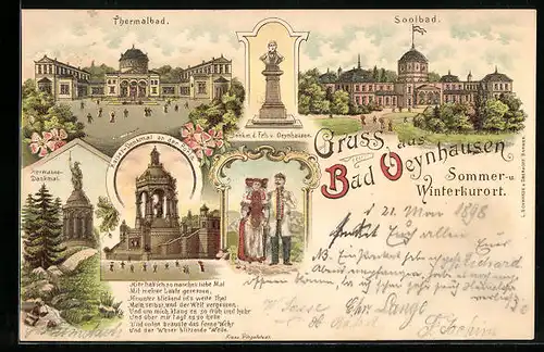 Lithographie Bad Oeynhausen, Soolbad, Thermalbad, Hermanns-Denkmal, Kaiser-Denkmal