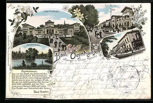 Lithographie Bad Oeynhausen, Thermalbad, Ost-Korso, Goldfischteich