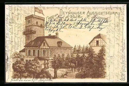 Lithographie Bad Oeynhausen, Blick zum Aussichtsturm