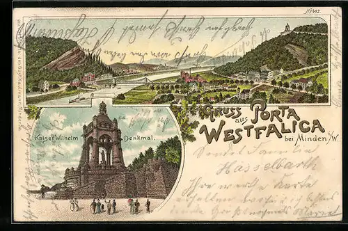 Lithographie Porta Westfalica, Kaiser-Wilhelm-Denkmal, Ortspanorama